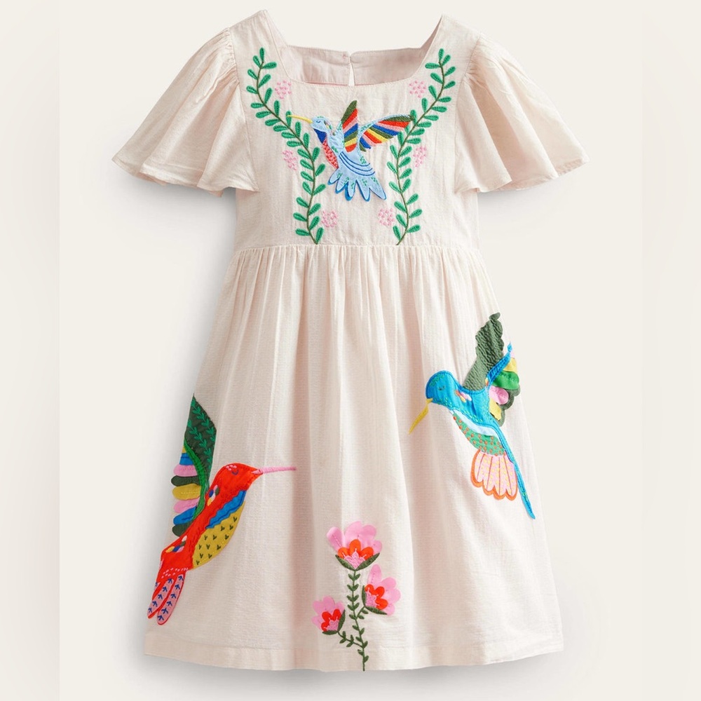 Mini Boden White Dress with Colorful Bird Embroidery